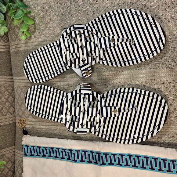 Tory Burch Miller Stripe Patent Leather Sandals In Black & White - Picture 3 of 15